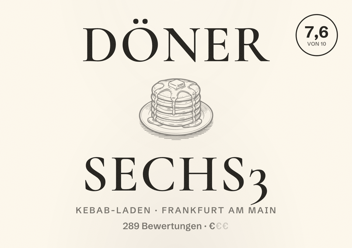 Illustriertes Poster von Döner Sechs3, Kebab-Laden in Frankfurt am Main: Bewertung 7,6 von 10 aus 289 Bewertungen, Preisniveau €
