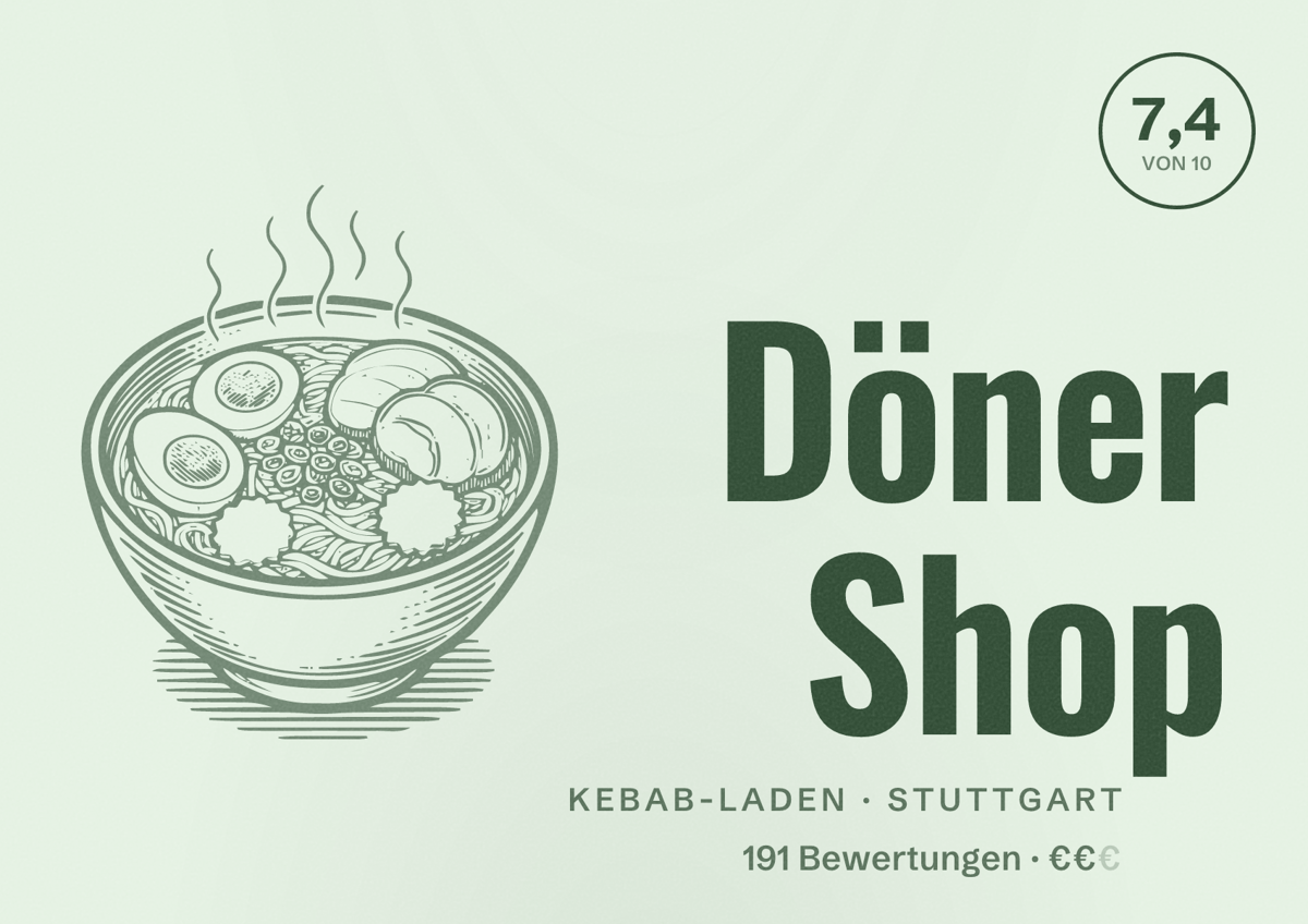 Illustriertes Poster von Döner Shop, Kebab-Laden in Stuttgart: Bewertung 7,4 von 10 aus 191 Bewertungen, Preisniveau €€