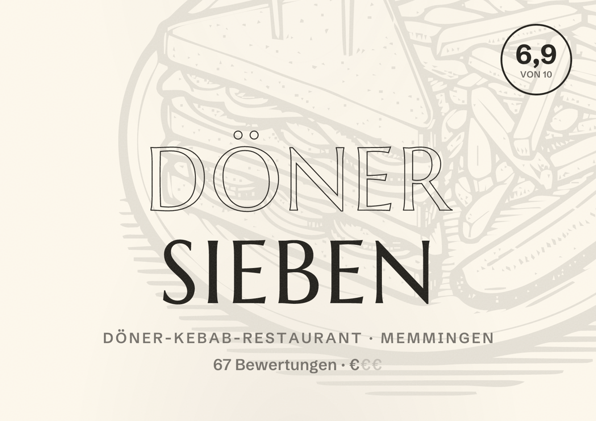 Illustriertes Poster von Döner SIEBEN, Döner-Kebab-Restaurant in Memmingen: Bewertung 6,9 von 10 aus 67 Bewertungen, Preisniveau €