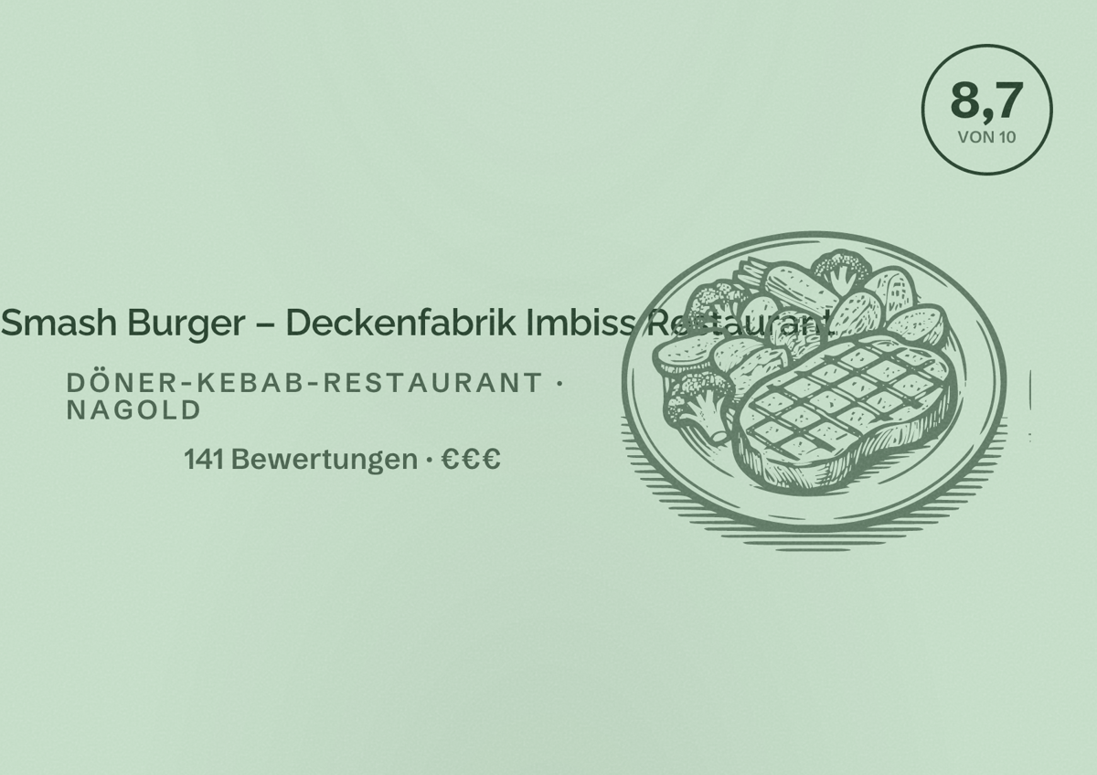 Illustriertes Poster von Döner & Smash Burger – Deckenfabrik Imbiss Restaurant, Döner-Kebab-Restaurant in Nagold: Bewertung 8,7 von 10 aus 141 Bewertungen, Preisniveau €€€