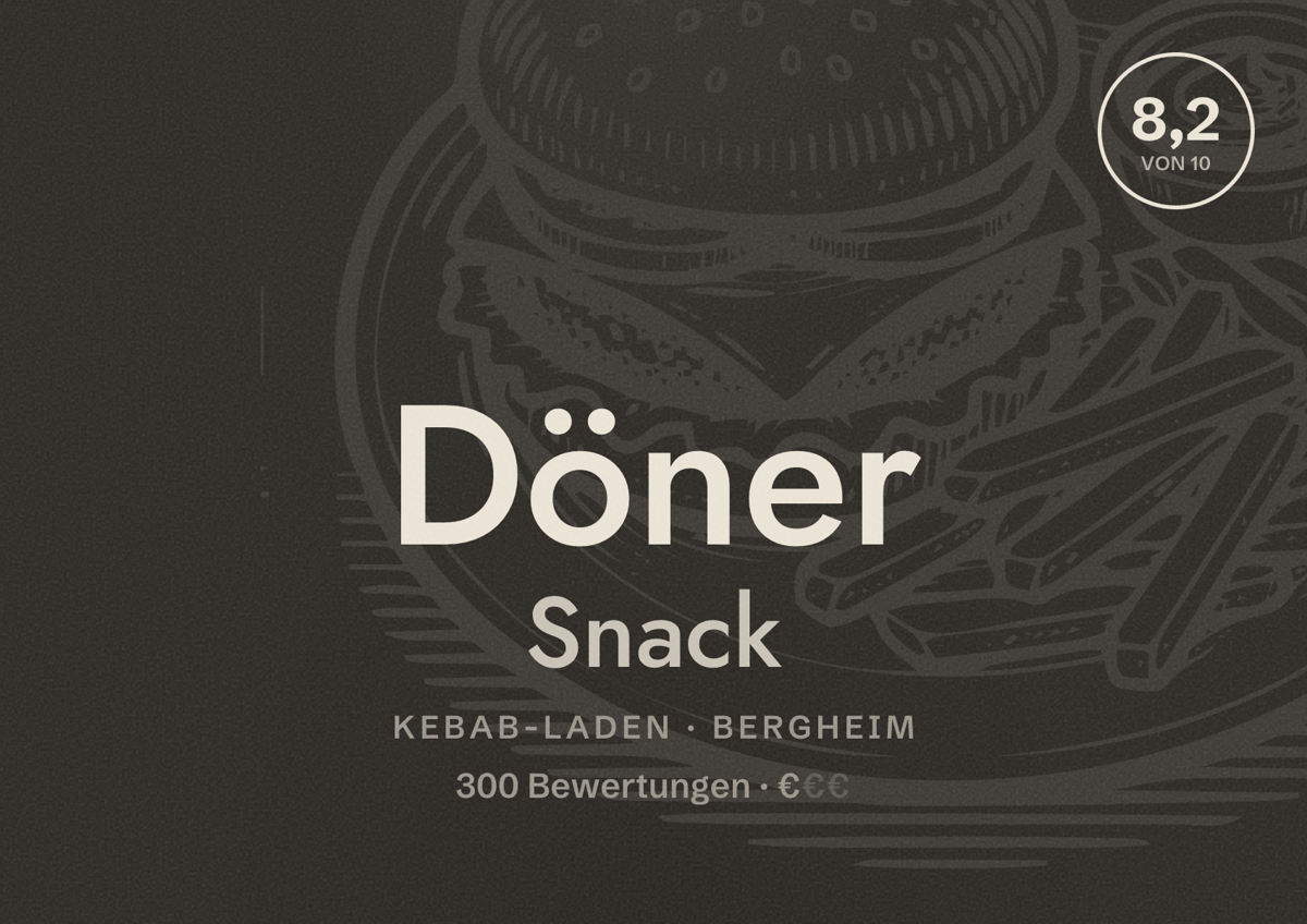 Illustriertes Poster von Döner Snack, Kebab-Laden in Bergheim: Bewertung 8,2 von 10 aus 300 Bewertungen, Preisniveau €
