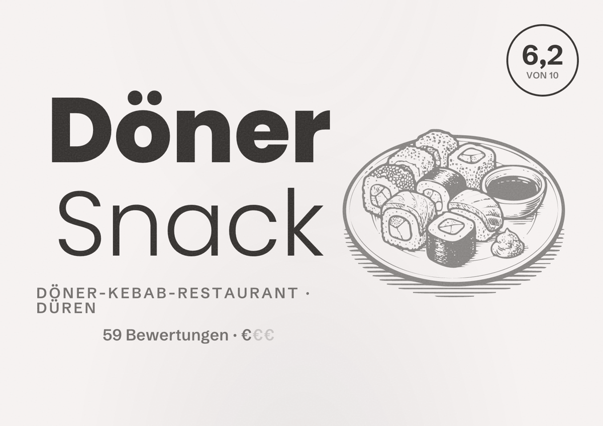 Illustriertes Poster von Döner Snack, Döner-Kebab-Restaurant in Düren: Bewertung 6,2 von 10 aus 59 Bewertungen, Preisniveau €