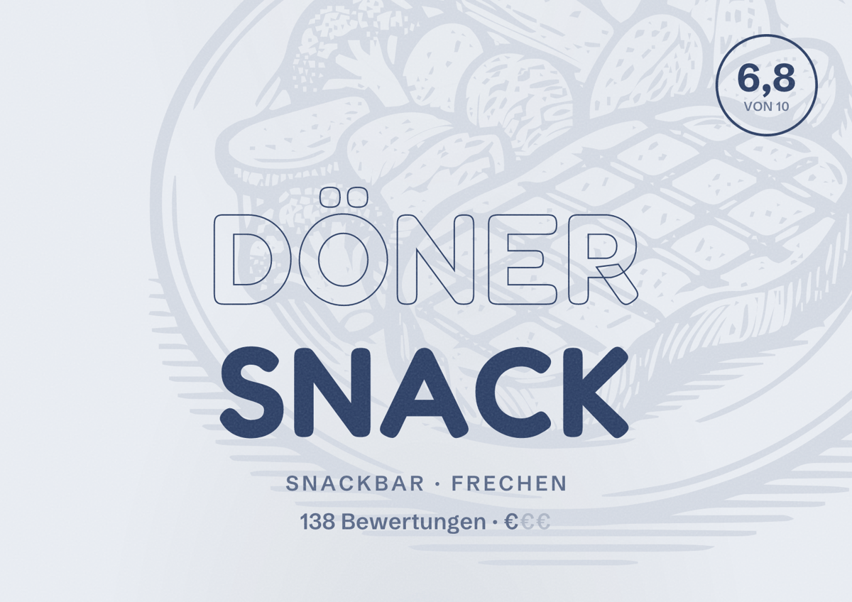 Illustriertes Poster von Döner Snack, Snackbar in Frechen: Bewertung 6,8 von 10 aus 138 Bewertungen, Preisniveau €