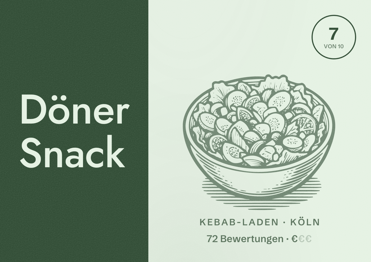 Illustriertes Poster von Döner Snack, Kebab-Laden in Köln: Bewertung 7 von 10 aus 72 Bewertungen, Preisniveau €