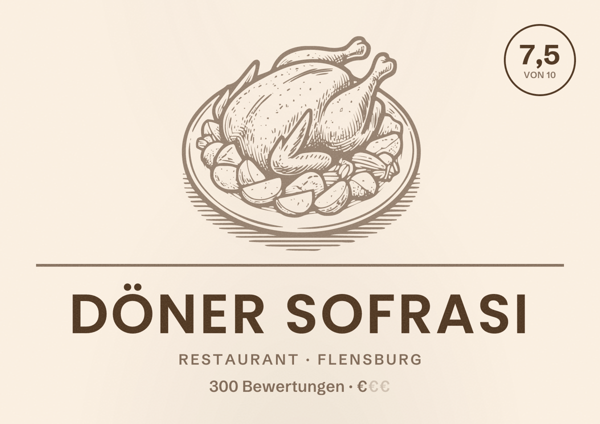 Illustriertes Poster von Döner Sofrası, Restaurant in Flensburg: Bewertung 7,5 von 10 aus 300 Bewertungen, Preisniveau €