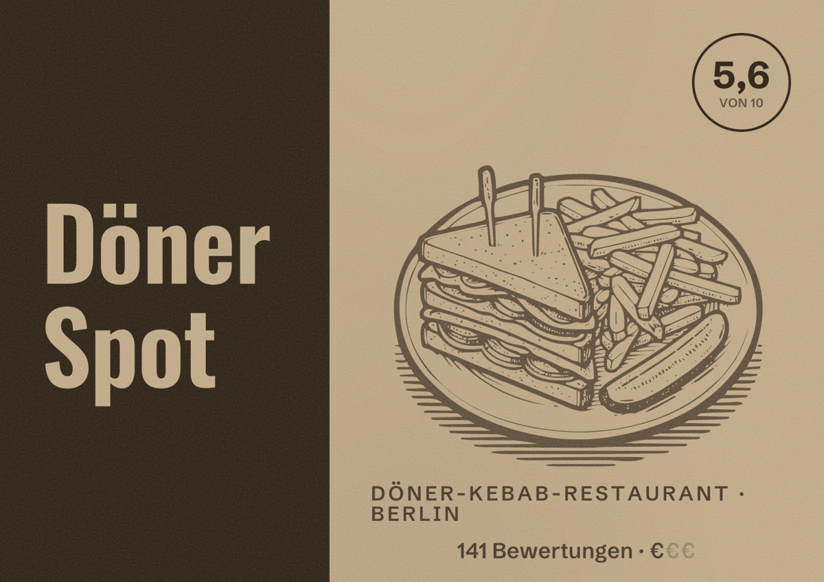 Illustriertes Poster von Döner Spot, Döner-Kebab-Restaurant in Berlin: Bewertung 5,6 von 10 aus 141 Bewertungen, Preisniveau €