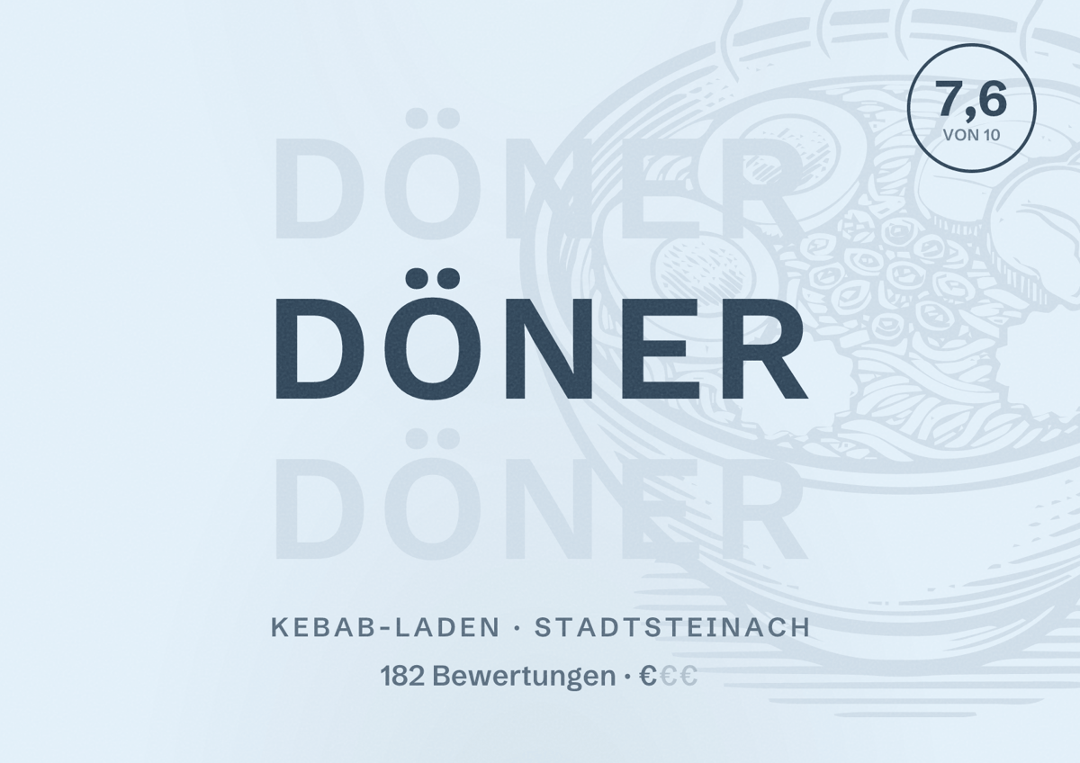 Illustriertes Poster von Döner, Kebab-Laden in Stadtsteinach: Bewertung 7,6 von 10 aus 182 Bewertungen, Preisniveau €