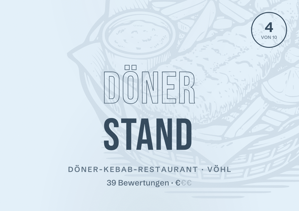 Illustriertes Poster von Döner stand, Döner-Kebab-Restaurant in Vöhl: Bewertung 4 von 10 aus 39 Bewertungen, Preisniveau €