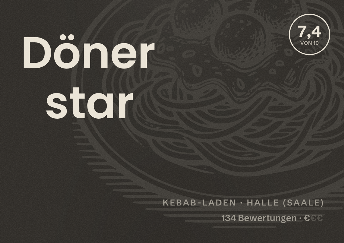 Illustriertes Poster von Döner star, Kebab-Laden in Halle (Saale): Bewertung 7,4 von 10 aus 134 Bewertungen, Preisniveau €
