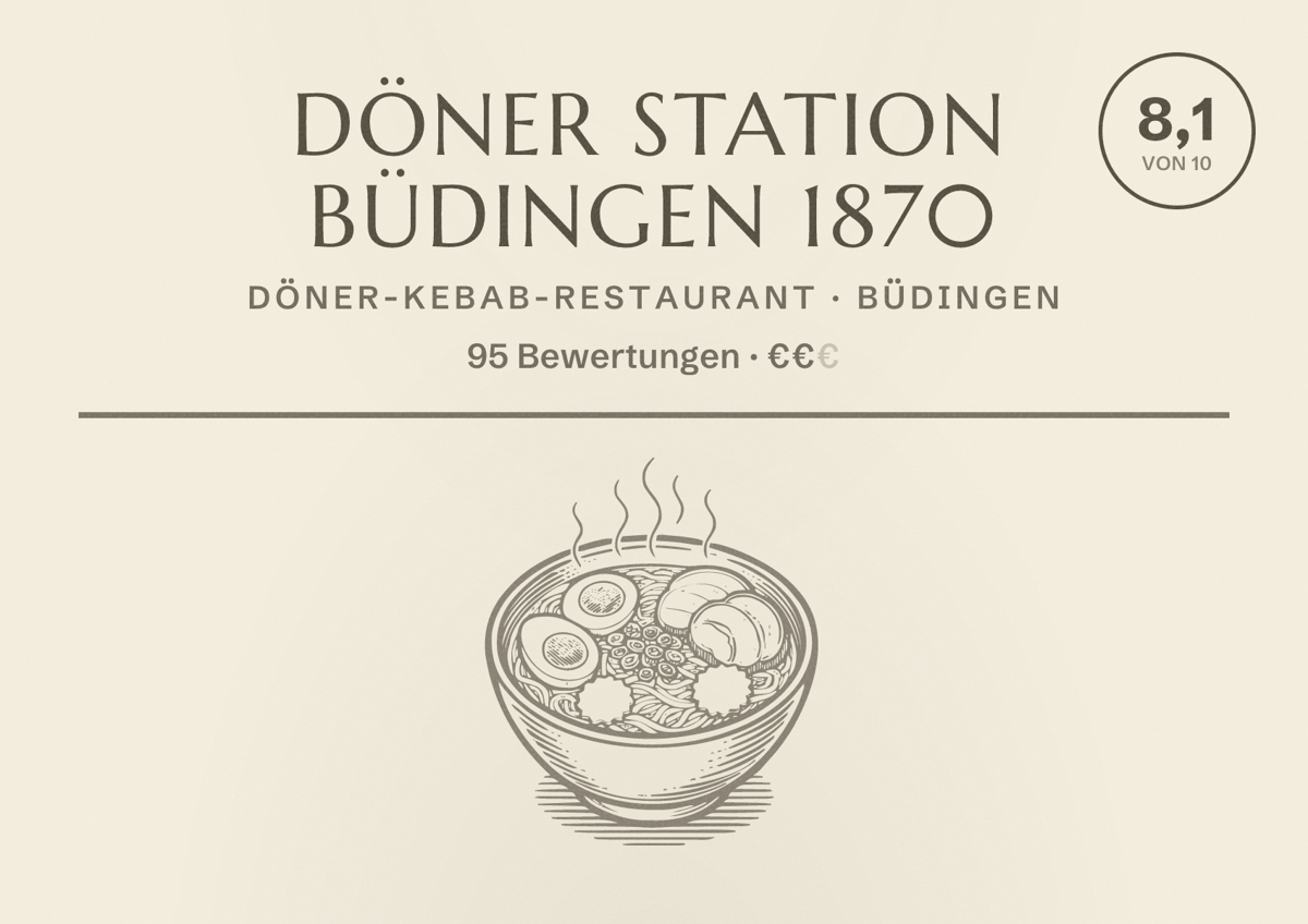 Illustriertes Poster von Döner Station Büdingen 1870, Döner-Kebab-Restaurant in Büdingen: Bewertung 8,1 von 10 aus 95 Bewertungen, Preisniveau €€