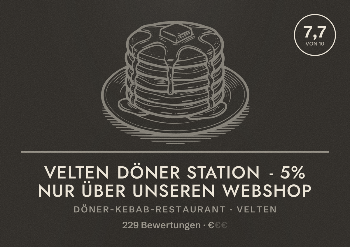 Illustriertes Poster von Velten Döner Station - 5% NUR über unseren Webshop, Döner-Kebab-Restaurant in Velten: Bewertung 7,7 von 10 aus 229 Bewertungen, Preisniveau €