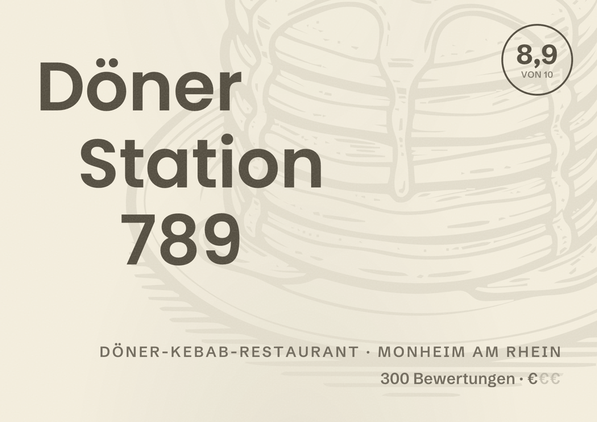 Illustriertes Poster von Döner Station 789, Döner-Kebab-Restaurant in Monheim am Rhein: Bewertung 8,9 von 10 aus 300 Bewertungen, Preisniveau €