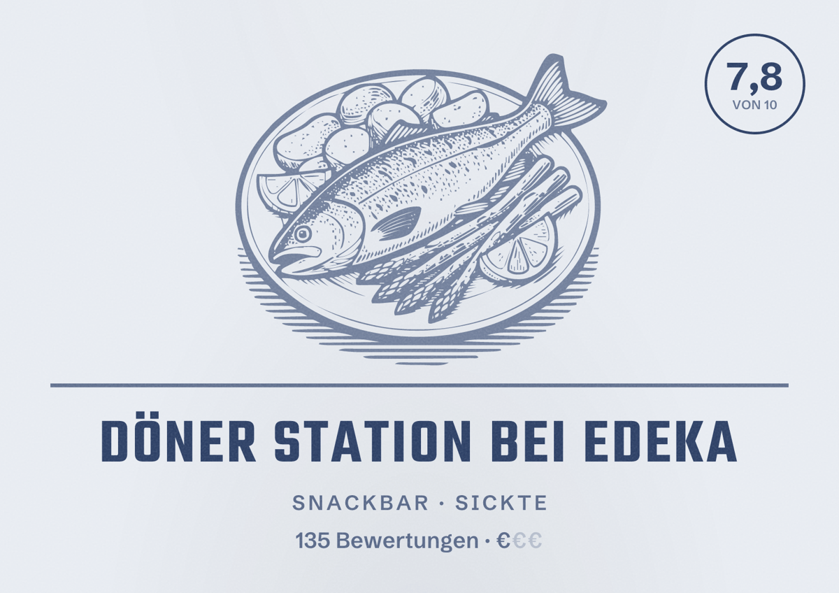 Illustriertes Poster von Döner Station bei Edeka, Snackbar in Sickte: Bewertung 7,8 von 10 aus 135 Bewertungen, Preisniveau €