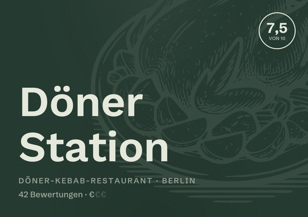 Illustriertes Poster von Döner Station, Döner-Kebab-Restaurant in Berlin: Bewertung 7,5 von 10 aus 42 Bewertungen, Preisniveau €
