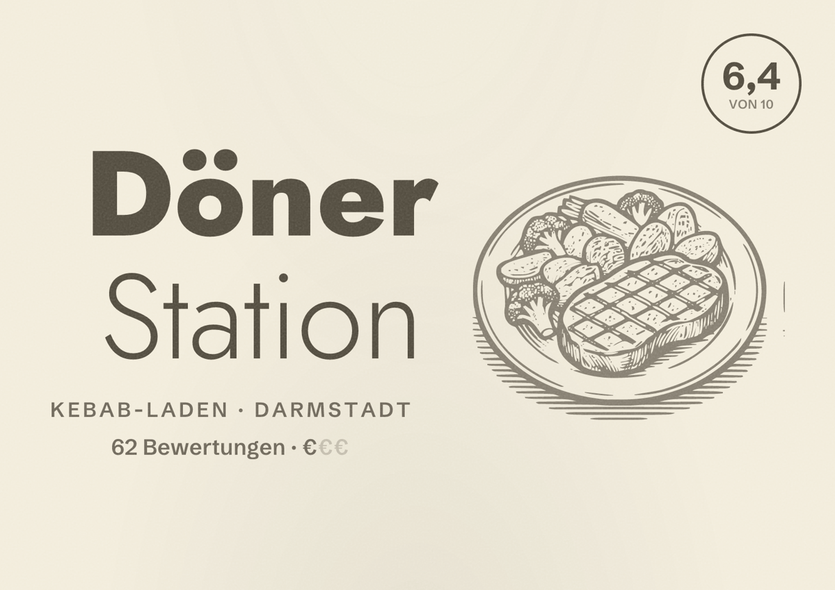 Illustriertes Poster von Döner Station, Kebab-Laden in Darmstadt: Bewertung 6,4 von 10 aus 62 Bewertungen, Preisniveau €