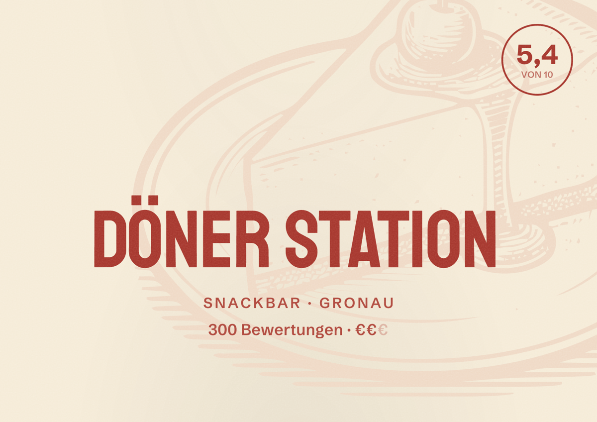 Illustriertes Poster von Döner Station, Snackbar in Gronau: Bewertung 5,4 von 10 aus 300 Bewertungen, Preisniveau €€