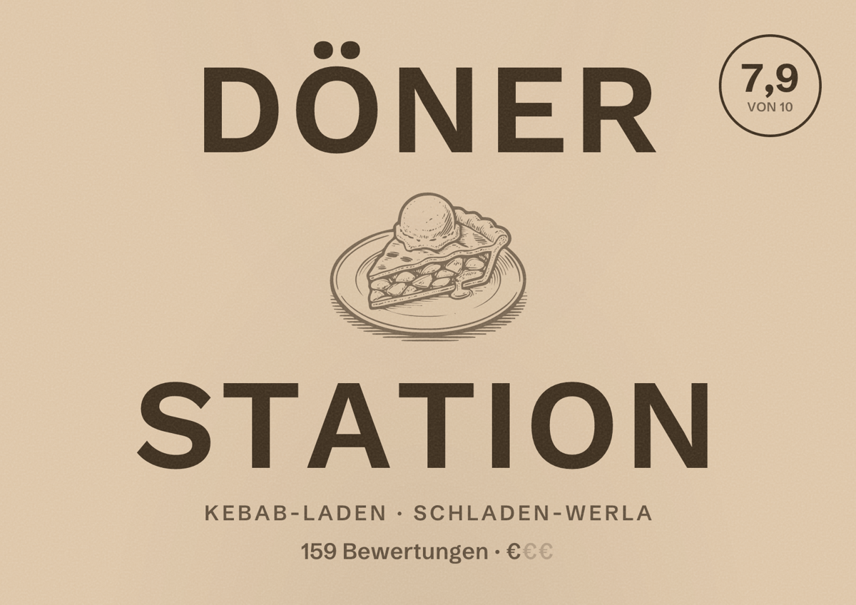 Illustriertes Poster von Döner Station, Kebab-Laden in Schladen-Werla: Bewertung 7,9 von 10 aus 159 Bewertungen, Preisniveau €