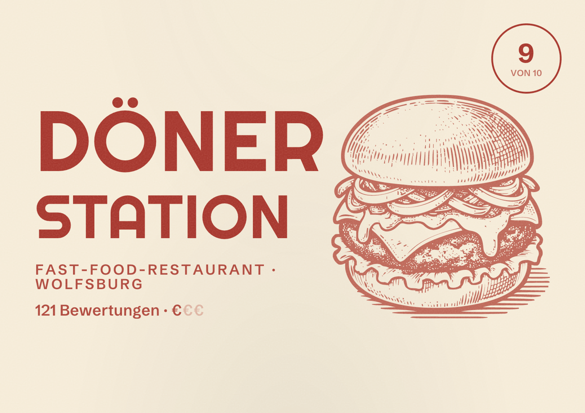 Illustriertes Poster von Döner Station, Fast-Food-Restaurant in Wolfsburg: Bewertung 9 von 10 aus 121 Bewertungen, Preisniveau €