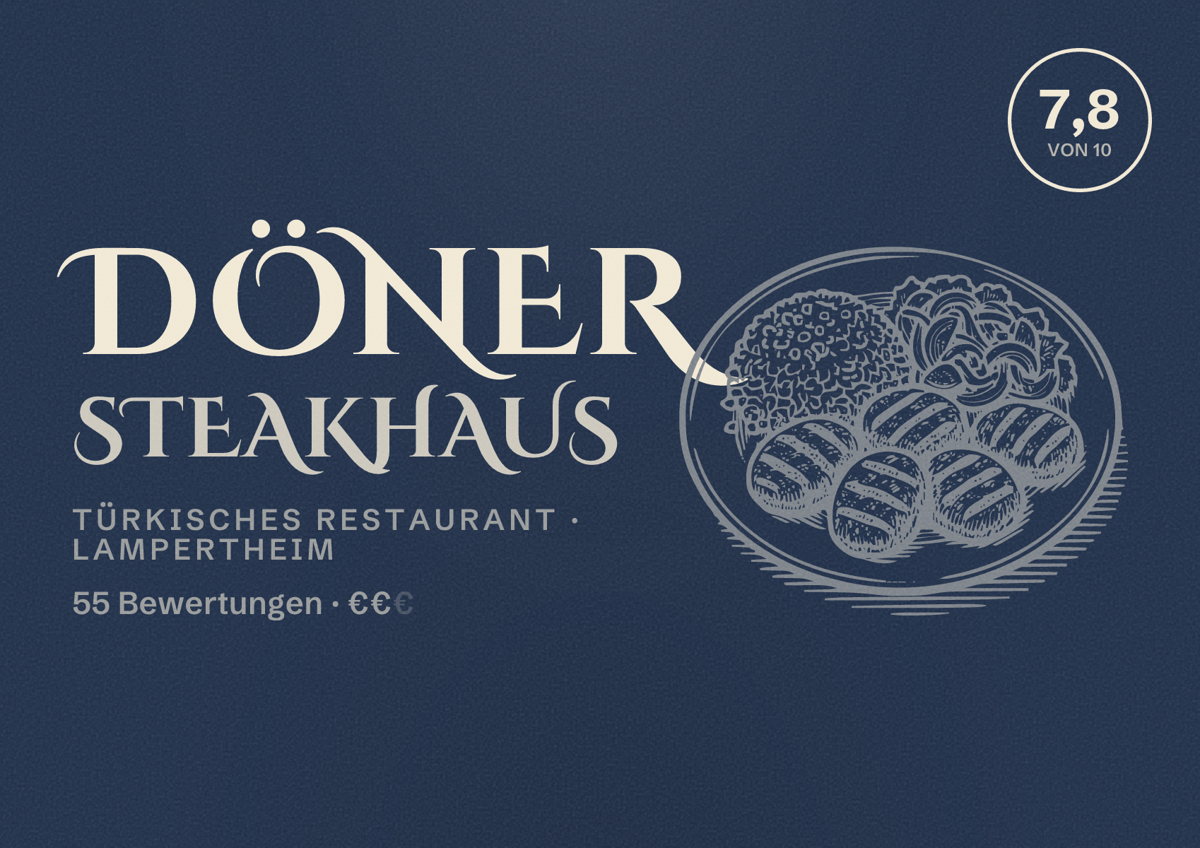 Illustriertes Poster von Döner Steakhaus, Türkisches Restaurant in Lampertheim: Bewertung 7,8 von 10 aus 55 Bewertungen, Preisniveau €€