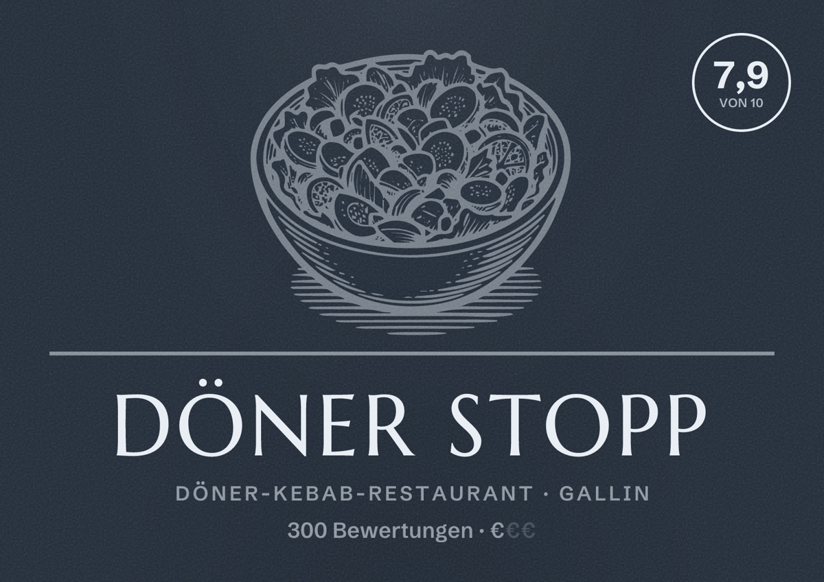 Illustriertes Poster von Döner Stopp, Döner-Kebab-Restaurant in Gallin: Bewertung 7,9 von 10 aus 300 Bewertungen, Preisniveau €