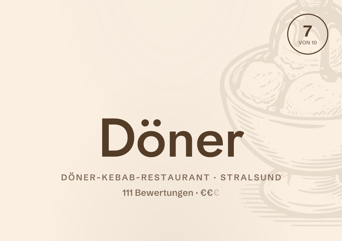 Illustriertes Poster von Döner, Döner-Kebab-Restaurant in Stralsund: Bewertung 7 von 10 aus 111 Bewertungen, Preisniveau €€