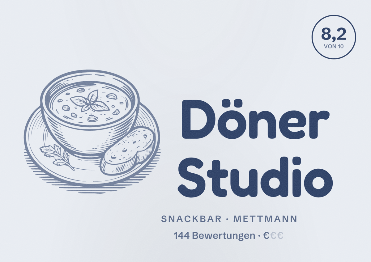 Illustriertes Poster von Döner Studio, Snackbar in Mettmann: Bewertung 8,2 von 10 aus 144 Bewertungen, Preisniveau €