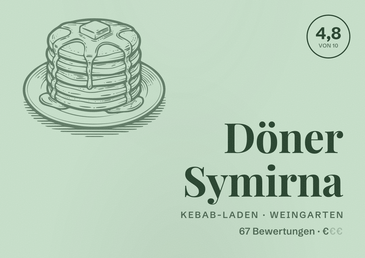 Illustriertes Poster von Döner Symirna, Kebab-Laden in Weingarten: Bewertung 4,8 von 10 aus 67 Bewertungen, Preisniveau €