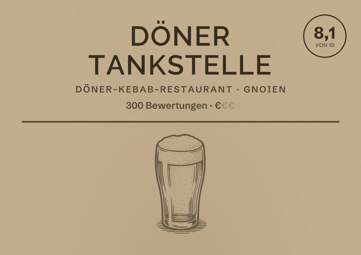 Illustriertes Poster von Döner Tankstelle, Döner-Kebab-Restaurant in Gnoien: Bewertung 8,1 von 10 aus 300 Bewertungen, Preisniveau €