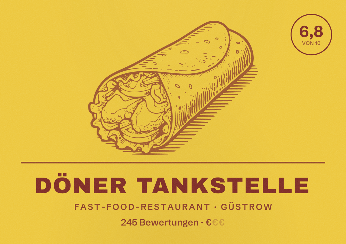 Illustriertes Poster von Döner Tankstelle, Fast-Food-Restaurant in Güstrow: Bewertung 6,8 von 10 aus 245 Bewertungen, Preisniveau €