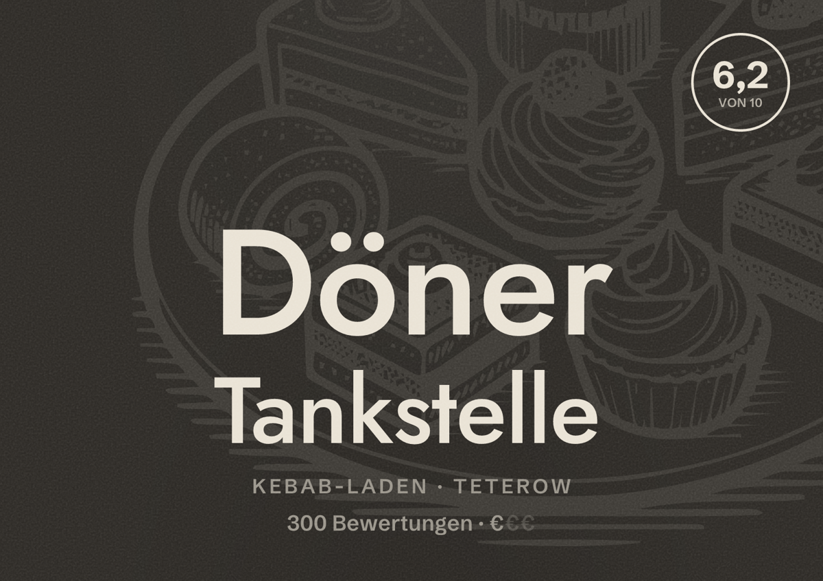Illustriertes Poster von Döner Tankstelle, Kebab-Laden in Teterow: Bewertung 6,2 von 10 aus 300 Bewertungen, Preisniveau €