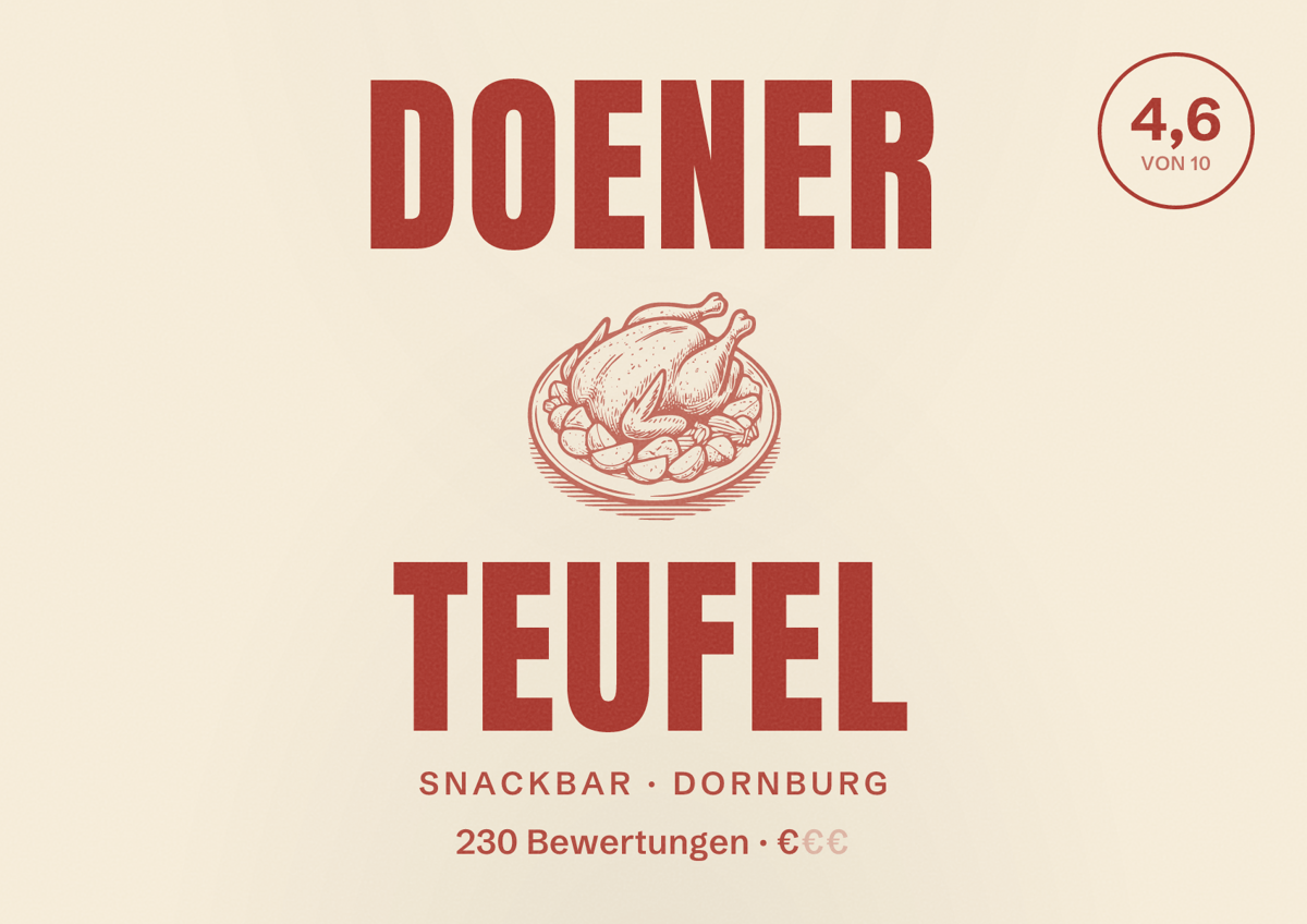 Illustriertes Poster von Doener Teufel, Snackbar in Dornburg: Bewertung 4,6 von 10 aus 230 Bewertungen, Preisniveau €