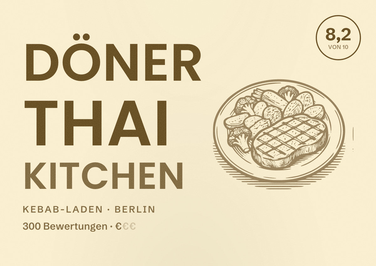Illustriertes Poster von Döner Thai Kitchen, Kebab-Laden in Berlin: Bewertung 8,2 von 10 aus 300 Bewertungen, Preisniveau €