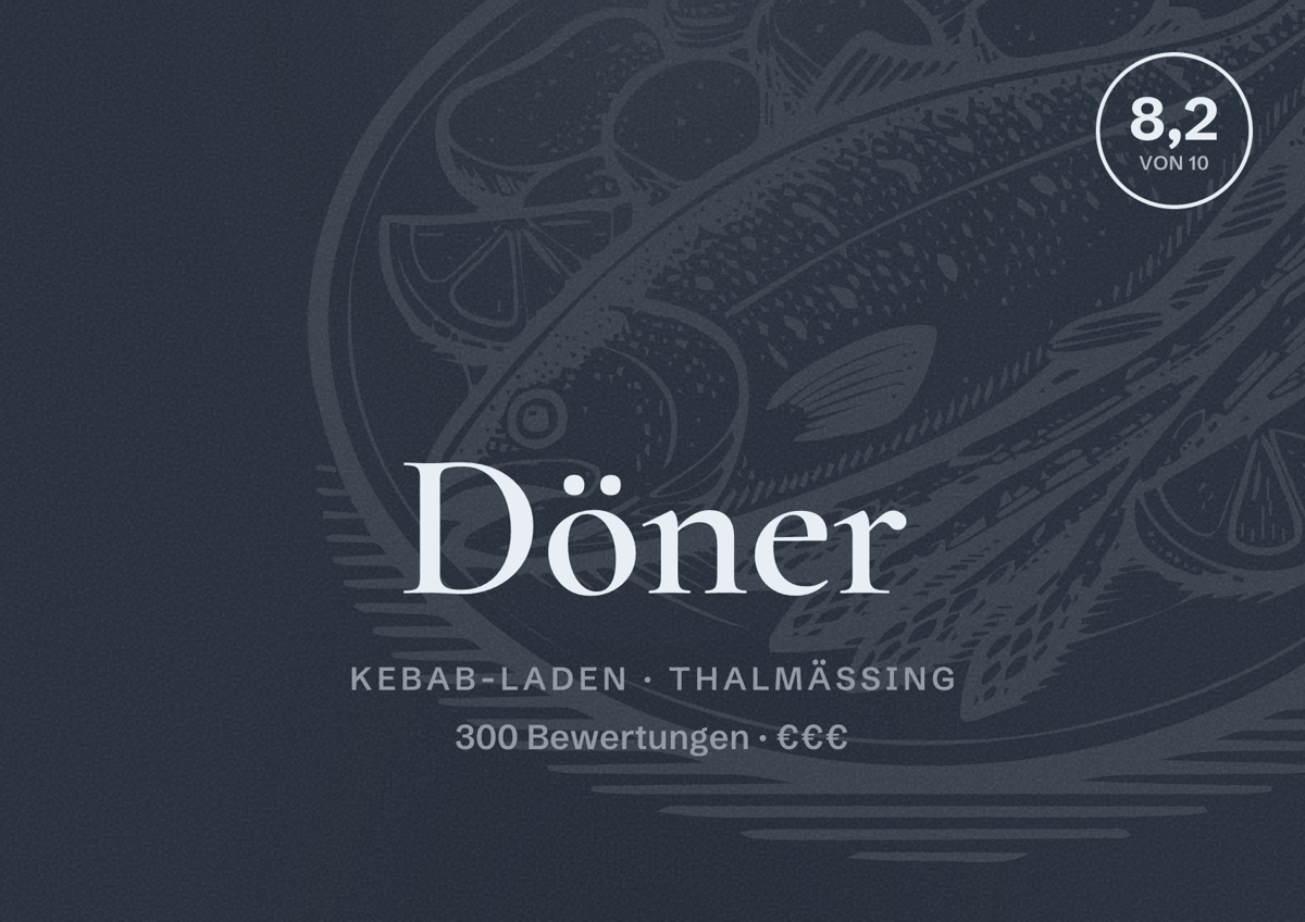 Illustriertes Poster von Döner, Kebab-Laden in Thalmässing: Bewertung 8,2 von 10 aus 300 Bewertungen, Preisniveau €€€