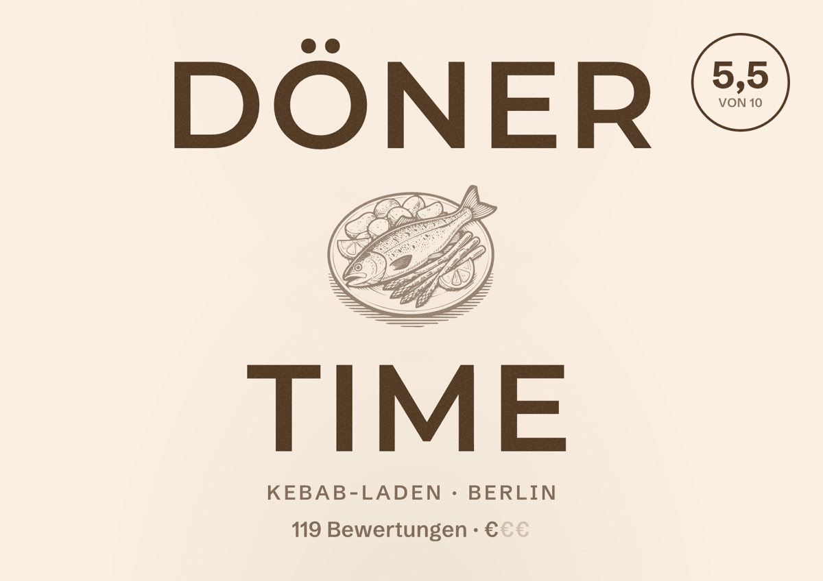 Illustriertes Poster von Döner TIME, Kebab-Laden in Berlin: Bewertung 5,5 von 10 aus 119 Bewertungen, Preisniveau €