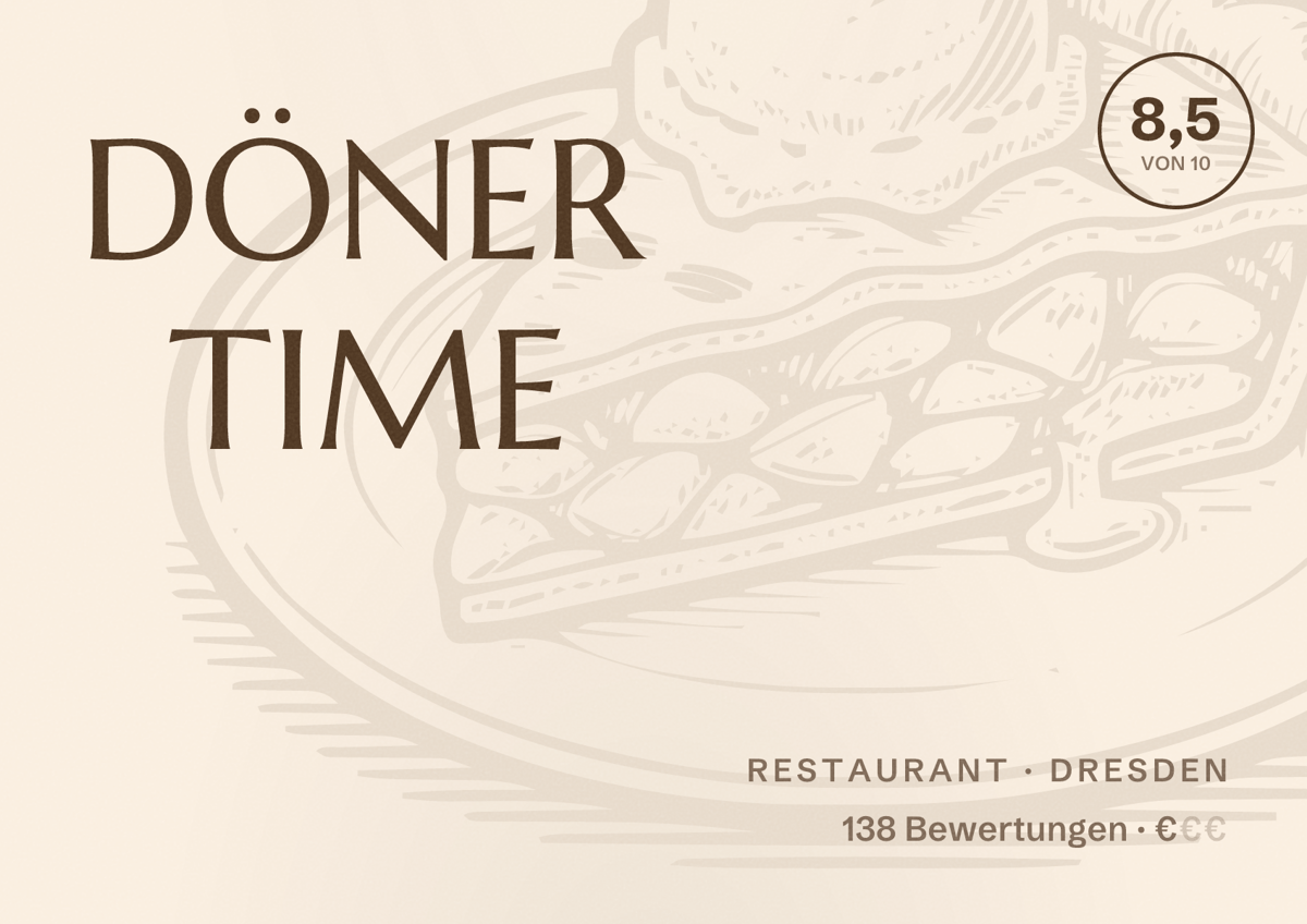 Illustriertes Poster von DÖNER TIME, Restaurant in Dresden: Bewertung 8,5 von 10 aus 138 Bewertungen, Preisniveau €