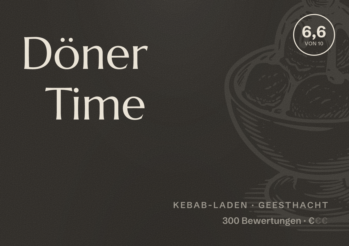 Illustriertes Poster von Döner Time, Kebab-Laden in Geesthacht: Bewertung 6,6 von 10 aus 300 Bewertungen, Preisniveau €