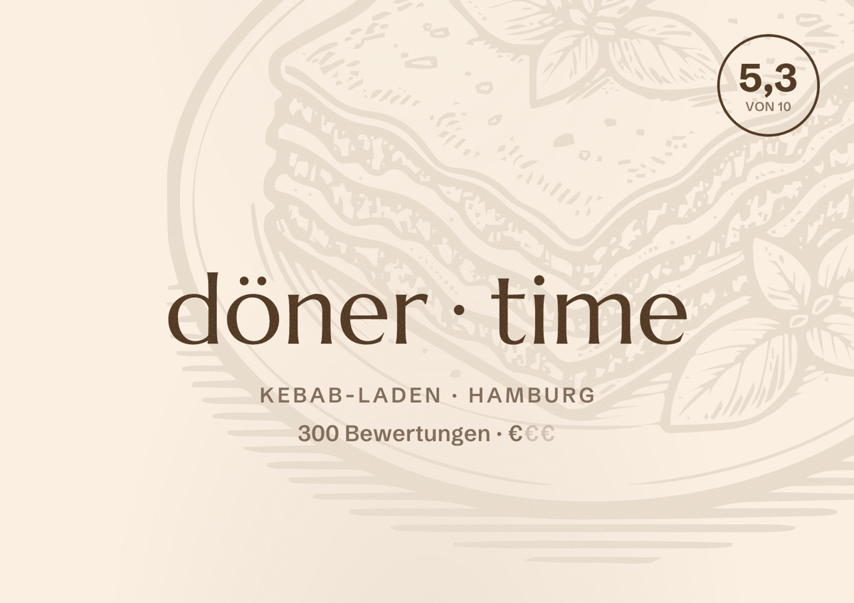 Illustriertes Poster von döner time, Kebab-Laden in Hamburg: Bewertung 5,3 von 10 aus 300 Bewertungen, Preisniveau €