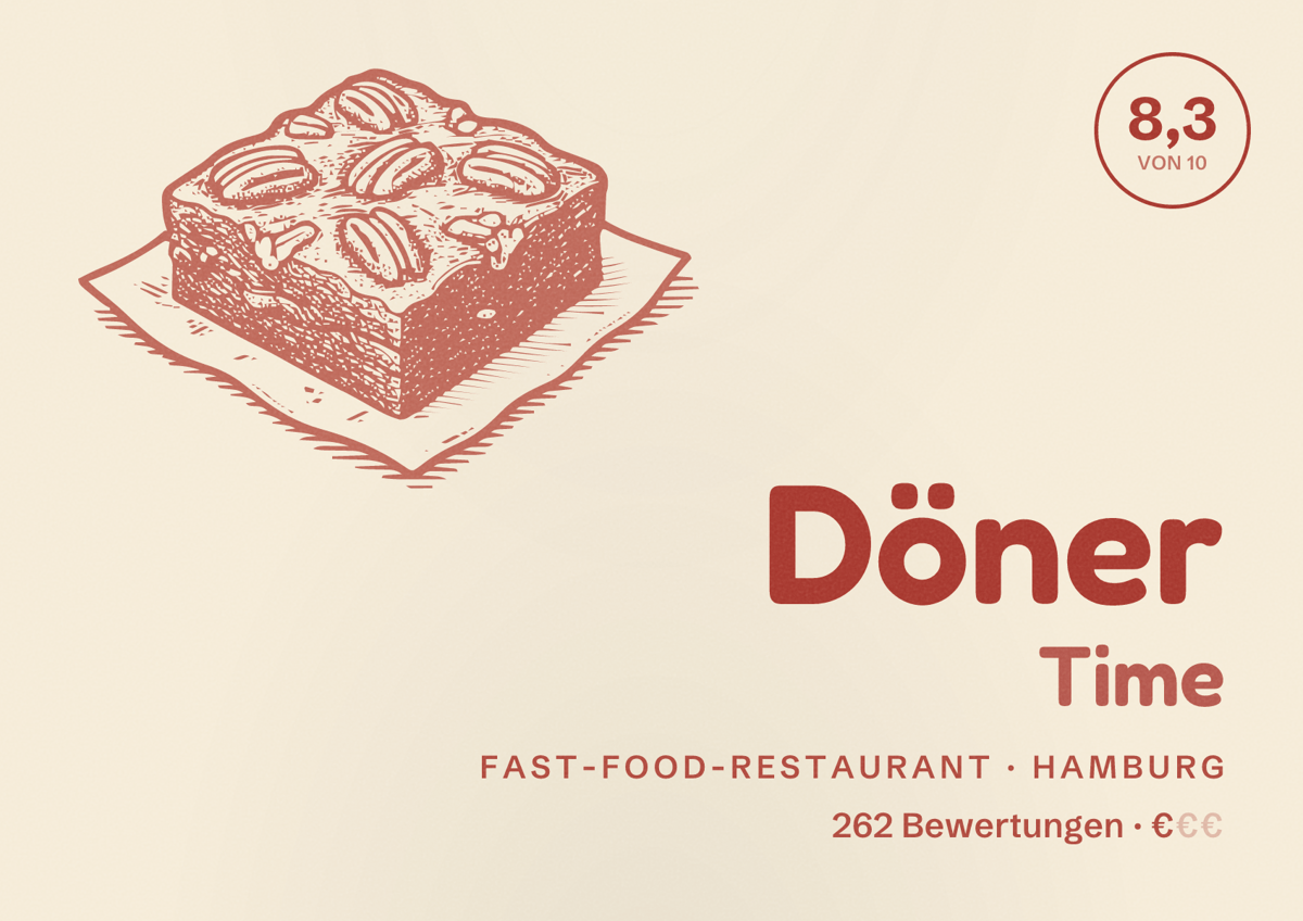Illustriertes Poster von Döner Time, Fast-Food-Restaurant in Hamburg: Bewertung 8,3 von 10 aus 262 Bewertungen, Preisniveau €