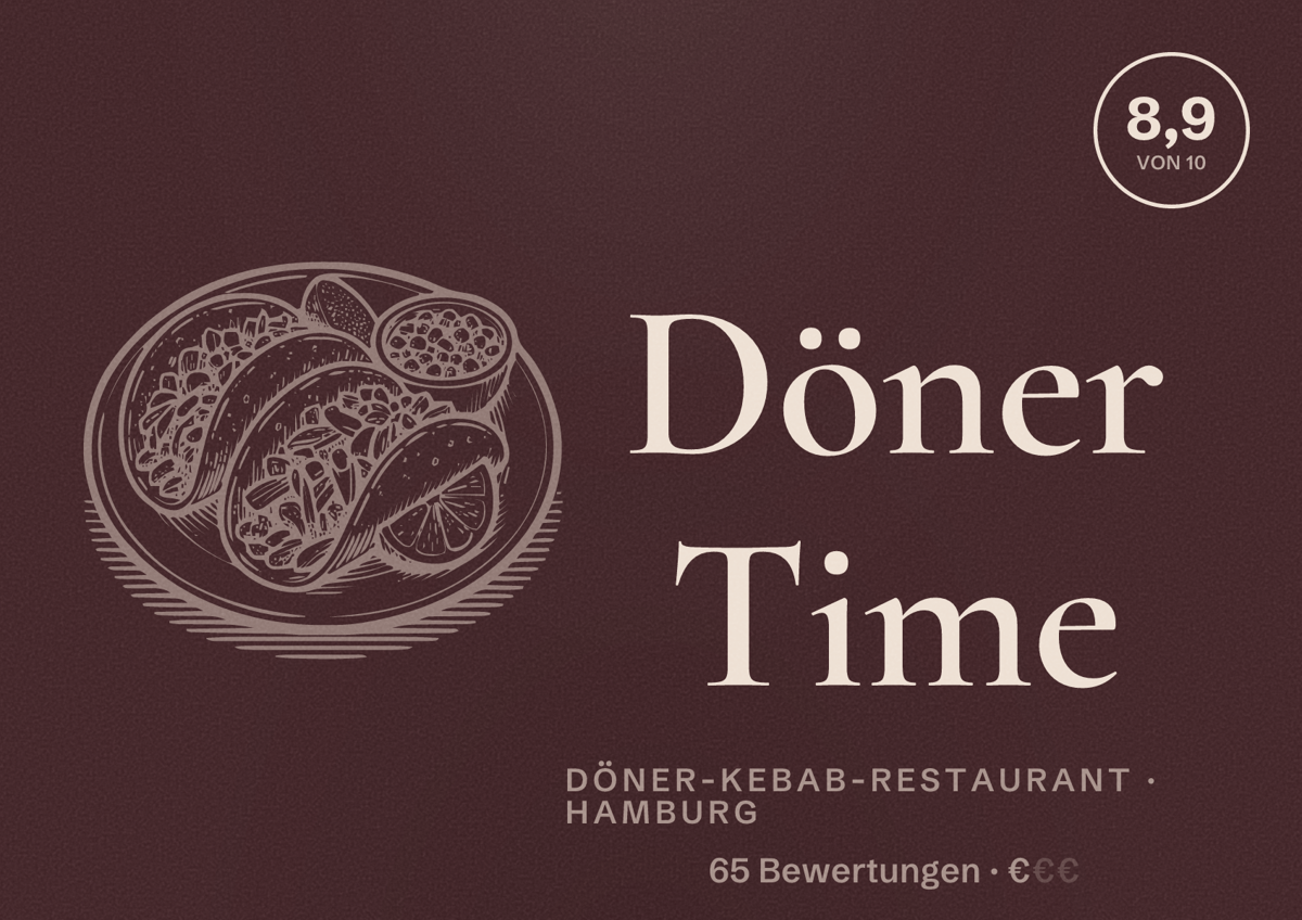 Illustriertes Poster von Döner Time, Döner-Kebab-Restaurant in Hamburg: Bewertung 8,9 von 10 aus 65 Bewertungen, Preisniveau €