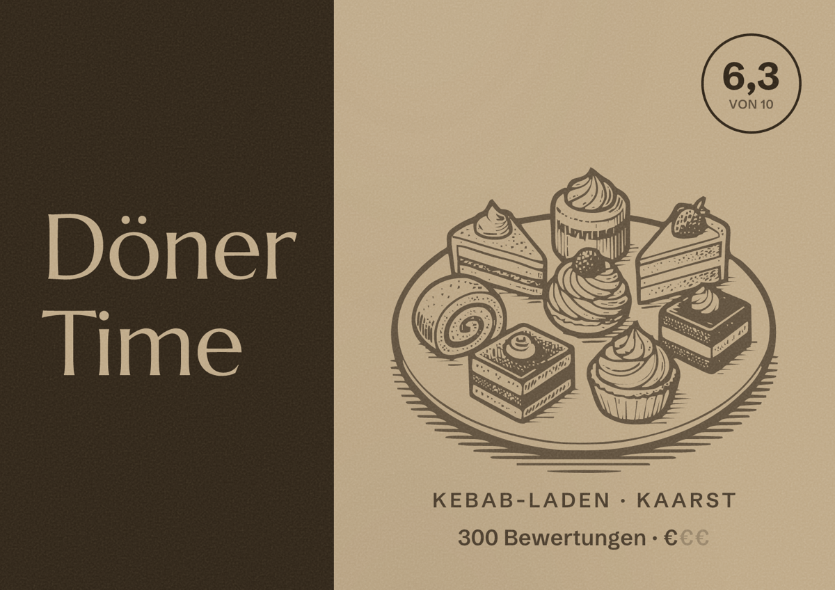 Illustriertes Poster von Döner Time, Kebab-Laden in Kaarst: Bewertung 6,3 von 10 aus 300 Bewertungen, Preisniveau €