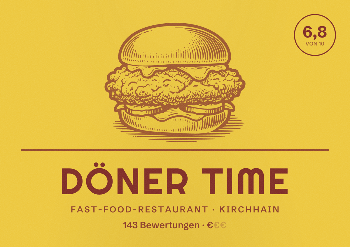 Illustriertes Poster von Döner Time, Fast-Food-Restaurant in Kirchhain: Bewertung 6,8 von 10 aus 143 Bewertungen, Preisniveau €