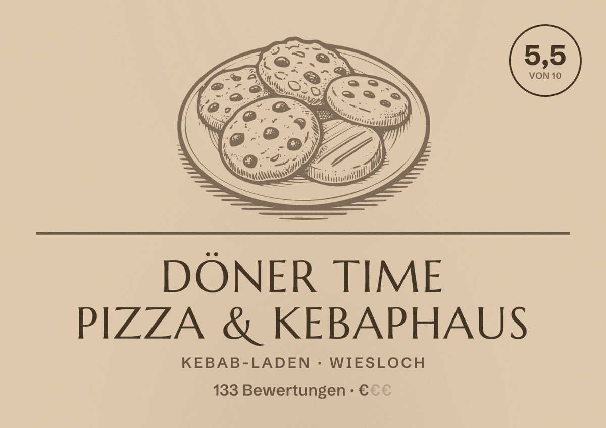 Illustriertes Poster von Döner Time Pizza & Kebaphaus, Kebab-Laden in Wiesloch: Bewertung 5,5 von 10 aus 133 Bewertungen, Preisniveau €