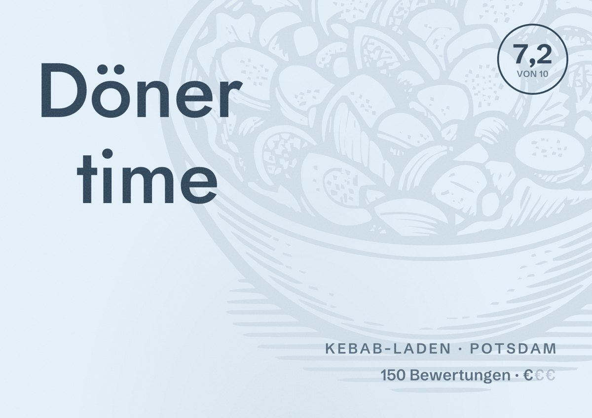 Illustriertes Poster von Döner time, Kebab-Laden in Potsdam: Bewertung 7,2 von 10 aus 150 Bewertungen, Preisniveau €