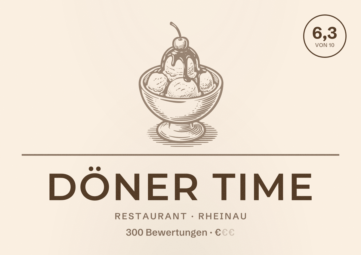 Illustriertes Poster von Döner Time, Restaurant in Rheinau: Bewertung 6,3 von 10 aus 300 Bewertungen, Preisniveau €