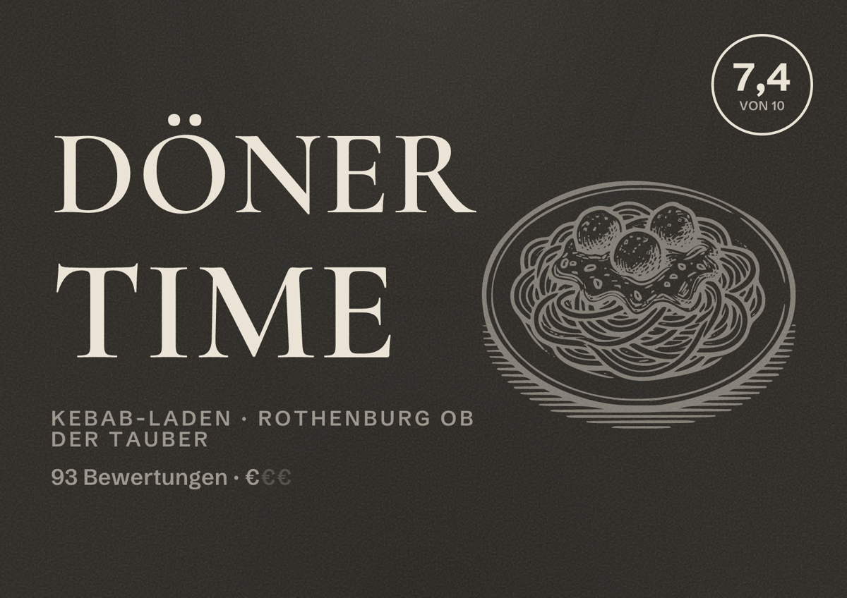 Illustriertes Poster von Döner Time, Kebab-Laden in Rothenburg ob der Tauber: Bewertung 7,4 von 10 aus 93 Bewertungen, Preisniveau €