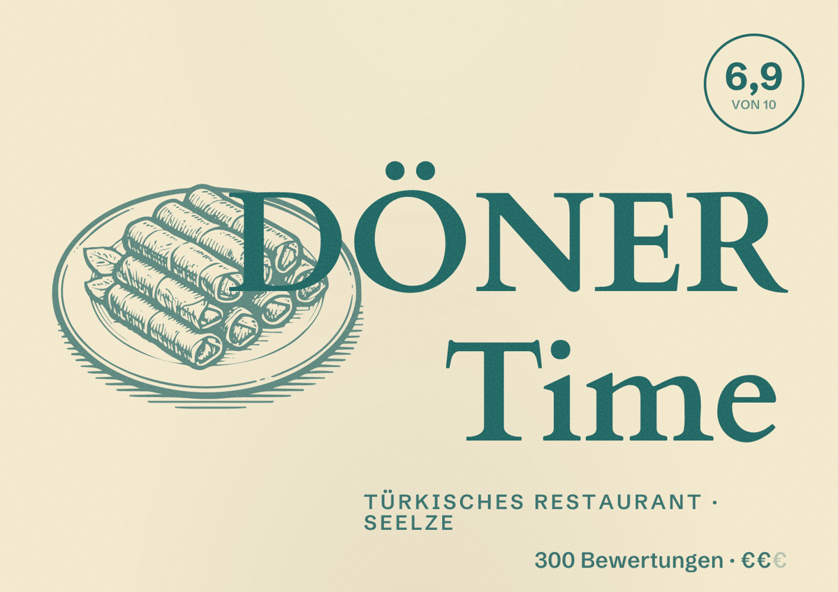 Illustriertes Poster von DÖNER Time, Türkisches Restaurant in Seelze: Bewertung 6,9 von 10 aus 300 Bewertungen, Preisniveau €€