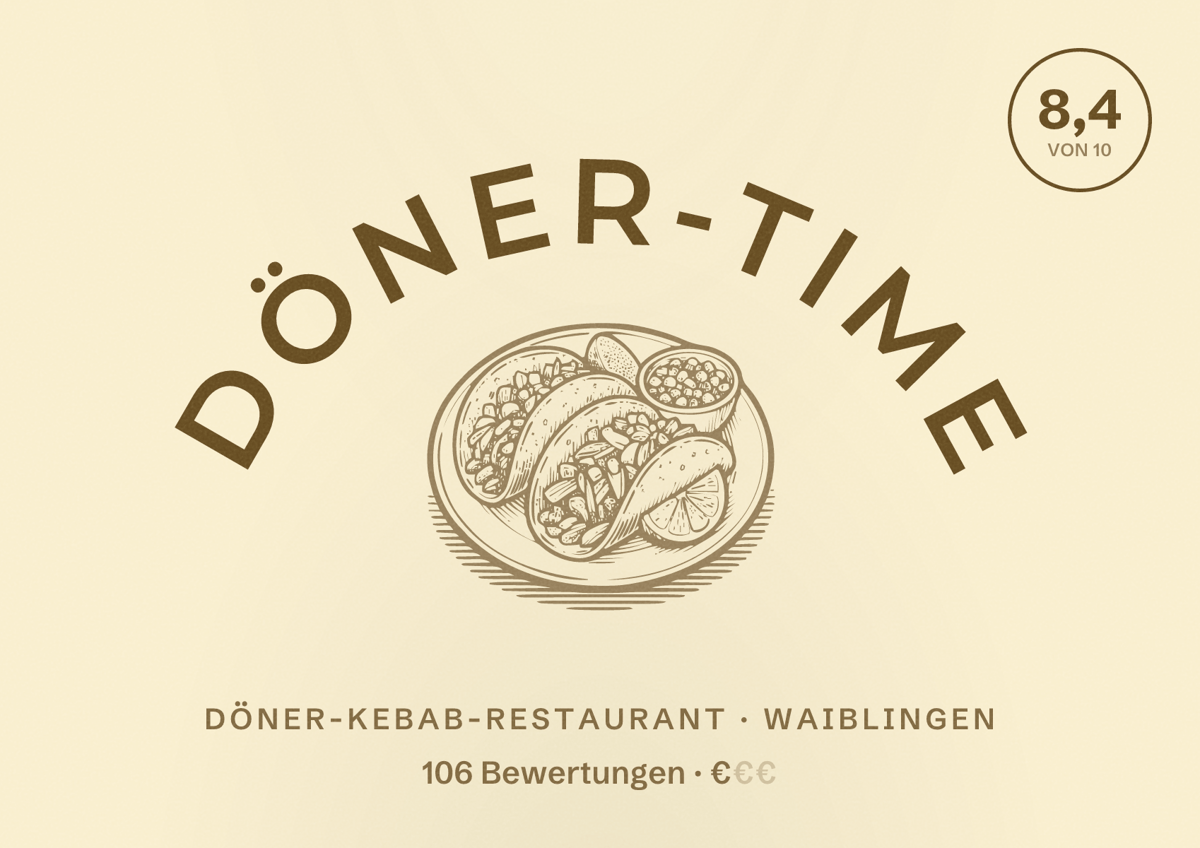 Illustriertes Poster von Döner-Time, Döner-Kebab-Restaurant in Waiblingen: Bewertung 8,4 von 10 aus 106 Bewertungen, Preisniveau €