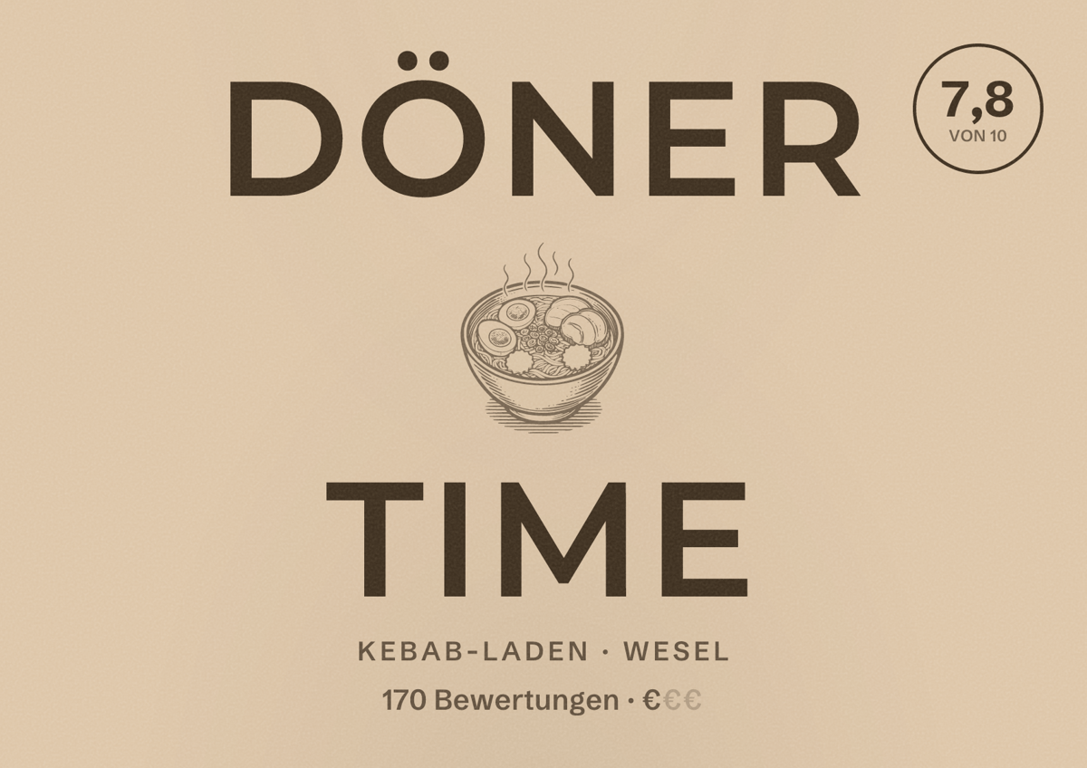 Illustriertes Poster von Döner Time, Kebab-Laden in Wesel: Bewertung 7,8 von 10 aus 170 Bewertungen, Preisniveau €