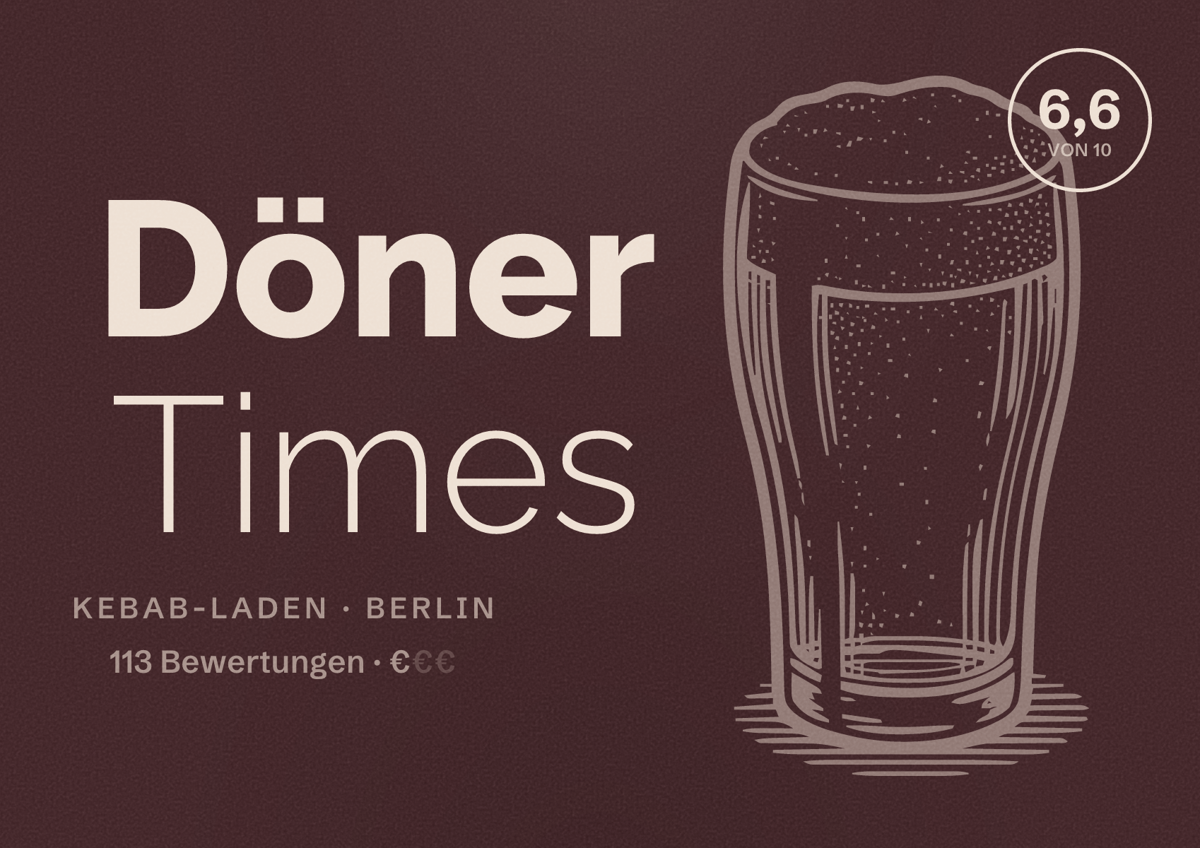 Illustriertes Poster von Döner Times, Kebab-Laden in Berlin: Bewertung 6,6 von 10 aus 113 Bewertungen, Preisniveau €
