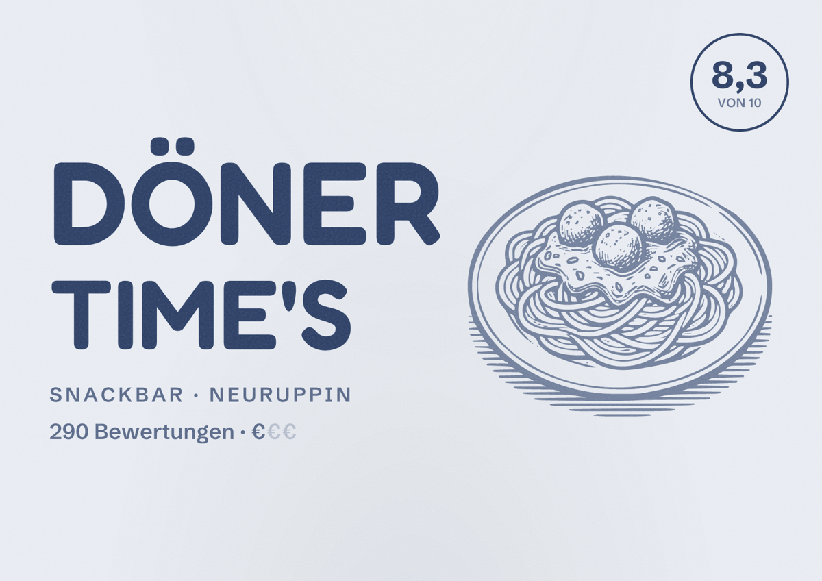 Illustriertes Poster von Döner Time's, Snackbar in Neuruppin: Bewertung 8,3 von 10 aus 290 Bewertungen, Preisniveau €